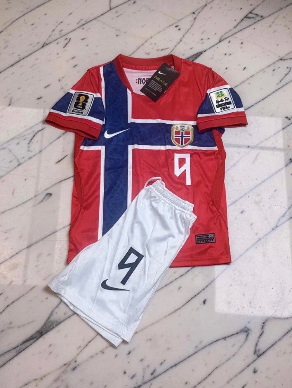 Haaland Norway 2026 World Cup Kids Home Kit #9 Jersey & Shorts - Picture 2 of 2